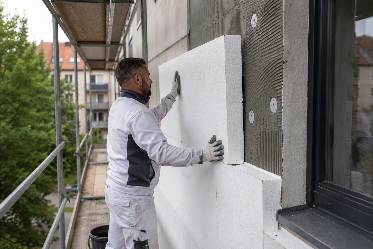 Handwerker montiert WDVS Fassadendämmung an Wohngebäude in Frankfurt am Main