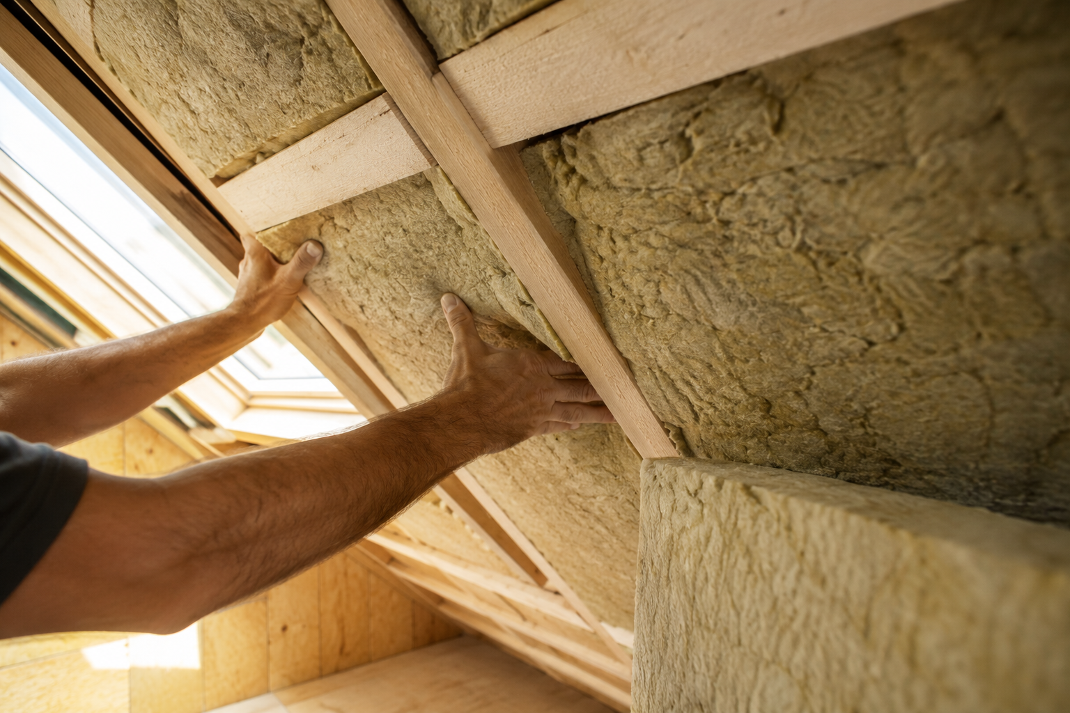 Zwischensparrendämmung mit Mineralwolle wird zwischen die Holzsparren eines Dachs eingebracht – energetische Sanierung in Frankfurt